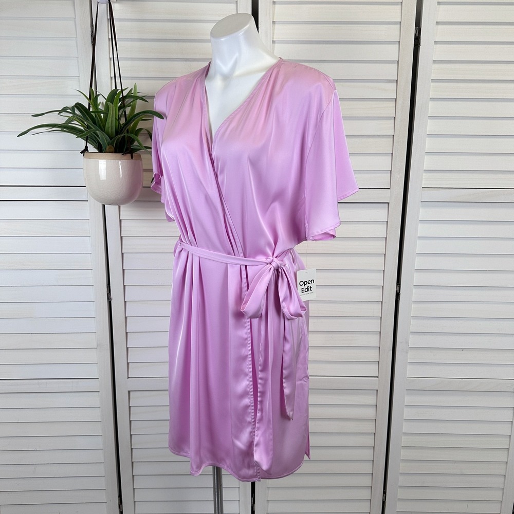 New Open Edit Pink Pirouette Tie Satin Kimono Robe Short Sleeve Belted Size XL